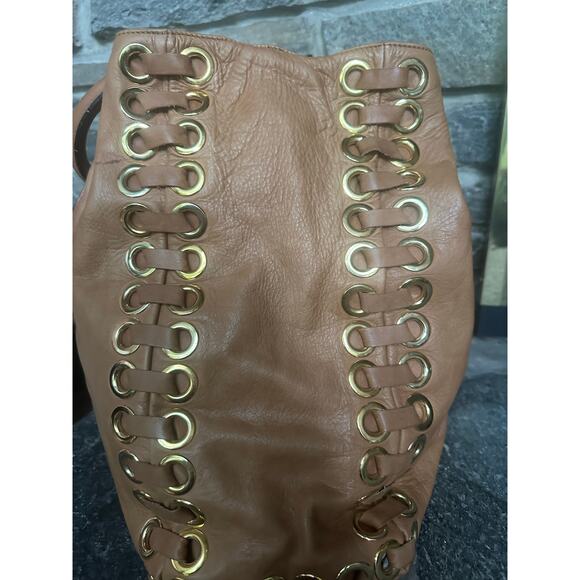 ABRO Tan Italian Leather Satchel with Gold Rivets Interior Pockets Handbag - Picture 4 of 9